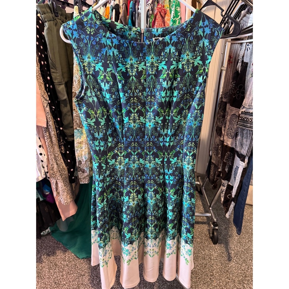 047 Julian Taylor Blue and Black Fit and Flare Midi Dress